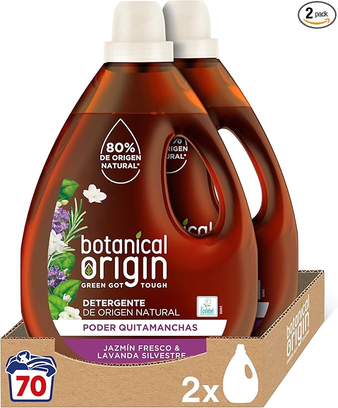 Botanical Origin Detergente para lavadora ecológico apto para pieles sensibles, 70 lavados, Fragancia Jazmín Fresco y Lavanda Silvestre 2 unidades