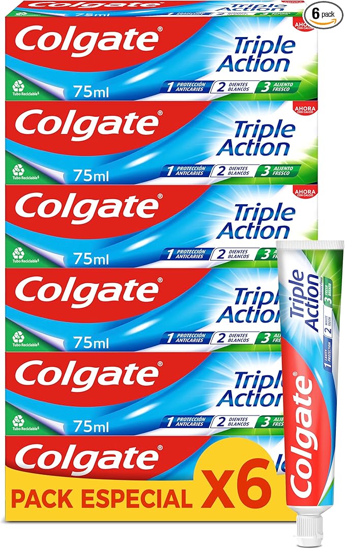 Colgate Triple Acción, Pasta de Dientes con Flúor, Protección Anticaries, Dientes más Blancos, Aliento Fresco, Pack 6 Uds x 75ml